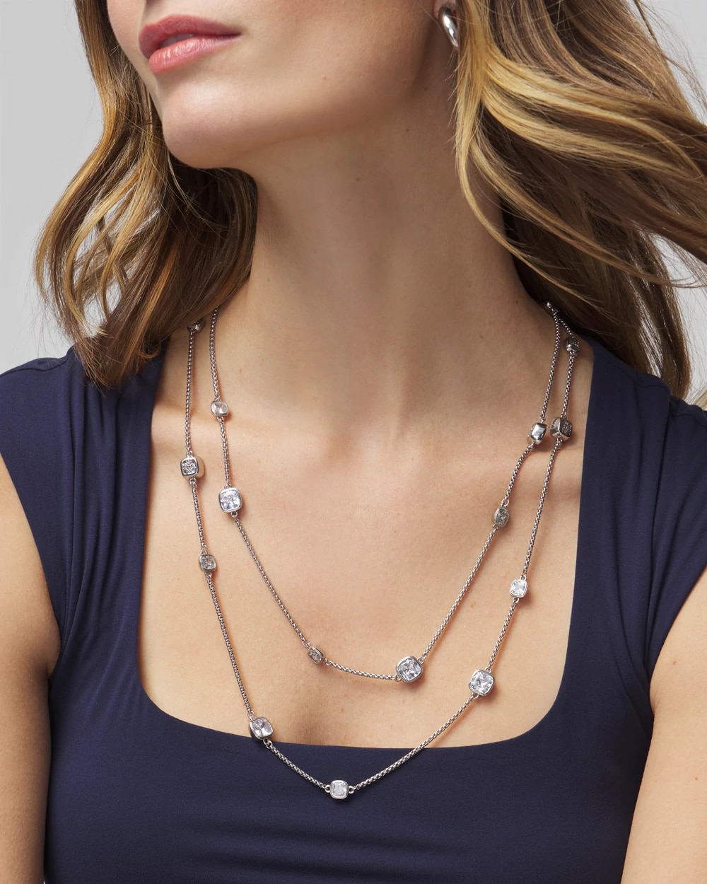 Silver Clear Branded Long Necklace | White House Black Market Silver Clear Branded Long Necklace | White House Black Market